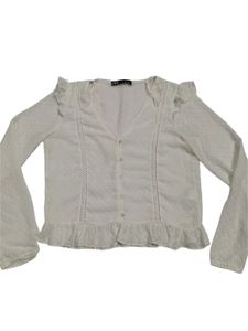 Zara White Ruffled Swiss Dot Shirt Top S/M