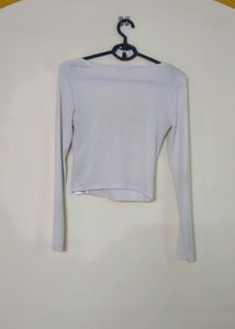 Cream Ribbed Square Neck Long Sleeve Top