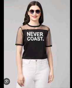 Sheer Neck Black Graphic T-Shirt