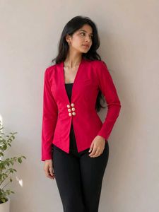 Vibrant Red Blazer with Gold Buttons
