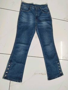 Flared Blue Jeans with Button Detail