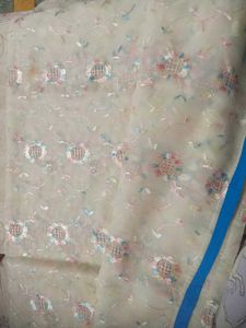 Embroidered Cream Saree with Blue Border
