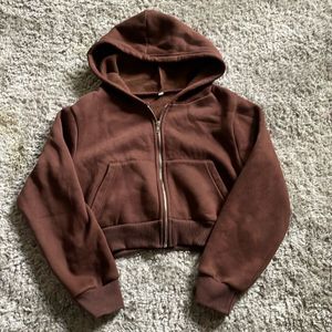 Brown Cropped Zip-Up Hoodie