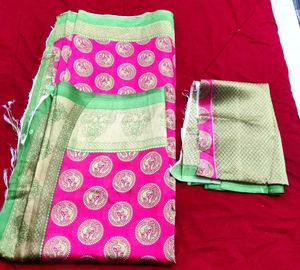 Pink Printed Saree with blouse piece