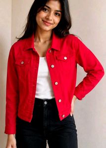 Vibrant Red Cropped Denim Jacket