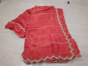 Stunning Coral Saree with Silver Embellishments