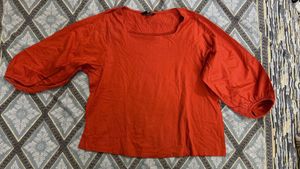 Chic Orange Square Neck Puff Sleeve Top