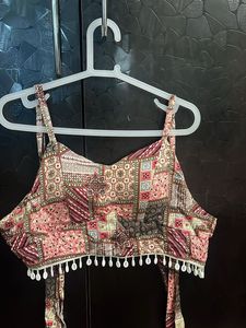 Boho Patchwork Crop Top with Tassels
