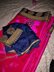 Vibrant Pink Saree with Navy Blouse
