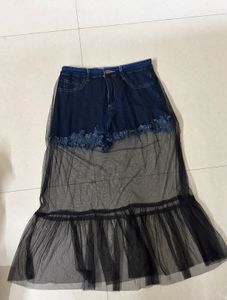 Trendy Stretch Denim Shorts with Black Sheer Tulle