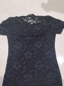 Elegant Black Lace Top with Pearl Embellishments