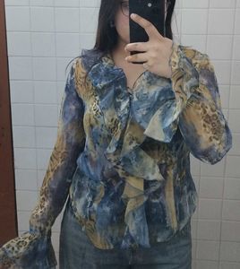 Y2K Ruffled Animal Print Blouse