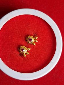 Gold Stud Earrings with Red Stone