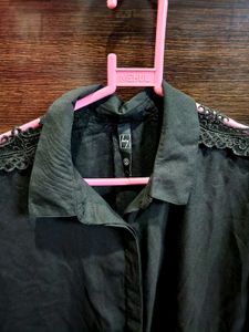 Black Cutout Work Lace Sleeve Shirt