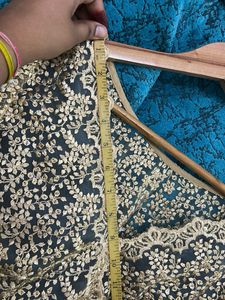Designer Gold Lace Blouse with Teal Skirt