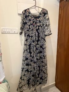 Floral Print Maxi Dress with Embellished Neckline