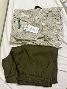 Olive Floral Print Kurta with Trousers