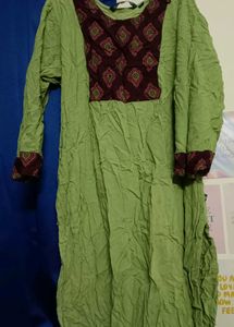 🟢🟤Green Kurta with Brown Geometric Print Yoke