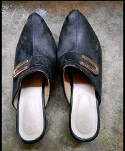 Black Mules with Gold Buckle Accent