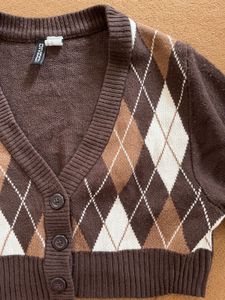Brown Argyle V-Neck Cardigan