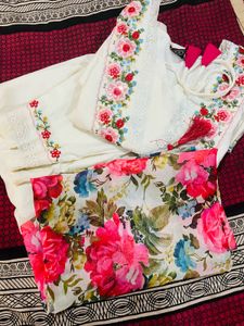 Elegant White Floral Embroidered Kurti Set