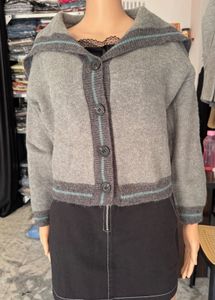 Gray Knit Cardigan with Collar