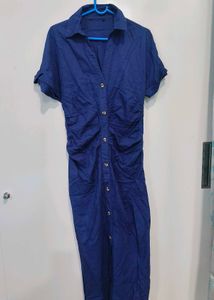 Blue Ruched Shirt Dress