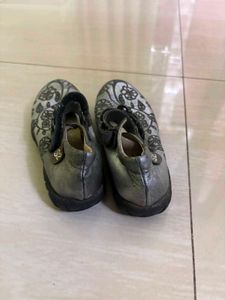 Girls' Metallic Silver shoes with Floral Pattern