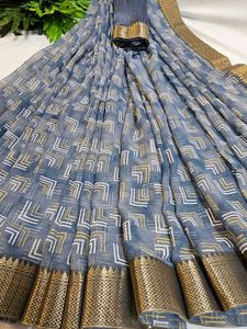 Elegant Grey colour Printed Saree with blouse