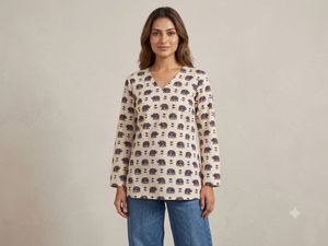 Cream Elephant Print Kurta