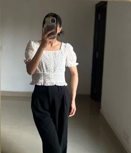 White Polka Dot Puff Sleeve Crop Top