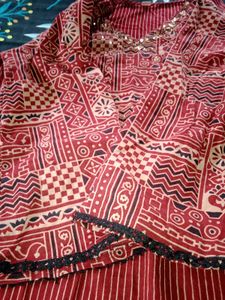 Red Striped Kurta with Neck Embroidery