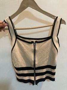 Beige & Black Striped Zipper Tank Top