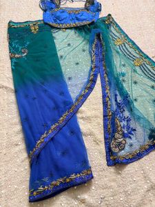 y2k Stunning Blue &amp; Teal Embroidered Lehenga saree