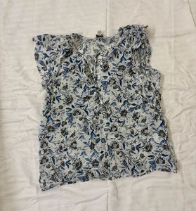 Blue Floral Print V-Neck Top