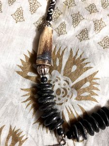 Unique wood Beaded Necklace with Black Pendant