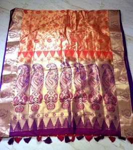 Elegant Orange &amp; Red purple border Silk Saree