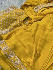 Stunning Yellow Embroidered Drape Skirt Choli Set