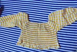 Crop top(Puff sleeves yellow &amp; white checkered)