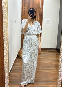 Abstract Silver Print Flutter Sleeve Midi Dress