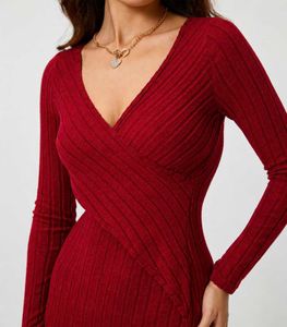 Wine Red Ribbed Bodycon Mini Dress | Full Sleeve