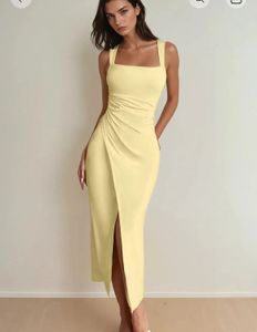 Elegant Yellow Ruched Midi Dress