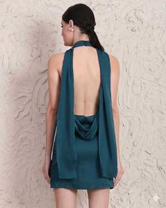 Elegant Teal Halter Neck Mini Dress