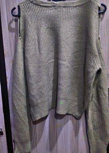 Olive Green Knit Pullover Sweater shoulder cut