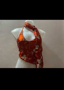 Embroidered Halter Neck Top with Scarf