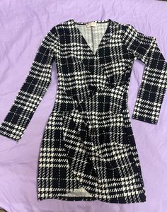 Chic Black & White Plaid Wrap Dress