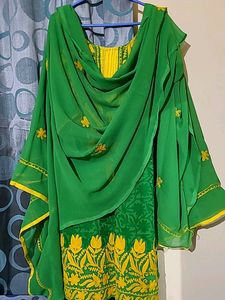 Gorgeous Green And Yellow Chikankari Kurta Set