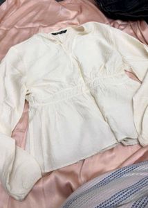 Cream Long Sleeve Cinched Waist Top