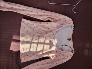 H&amp;M Picot Trimmed Ribbed Top Peach/S
