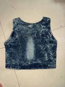 Denim Crop Vest with Flower Embellishment